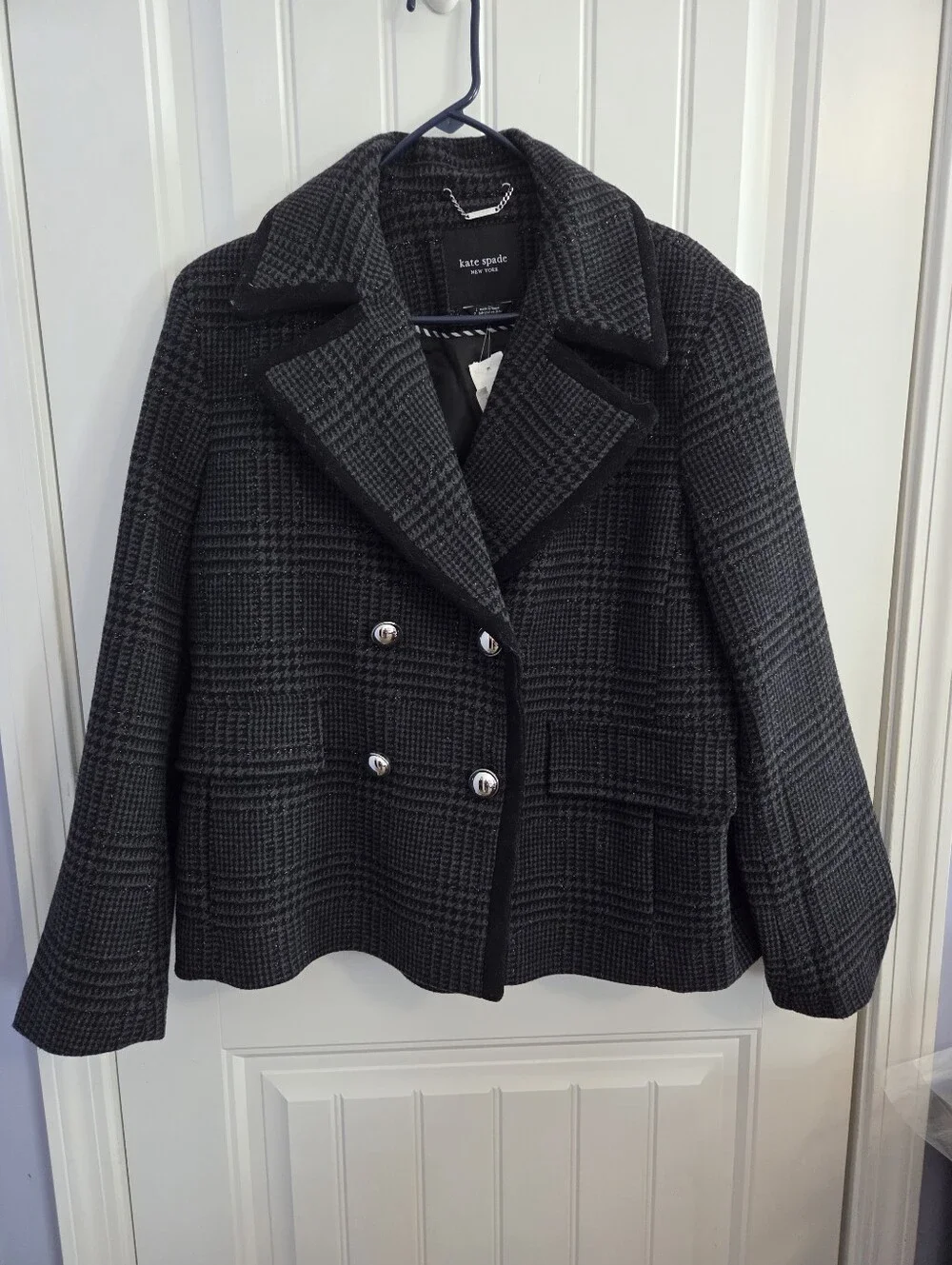 NWT Kate Spade Womens L Black Gray Sparkle Tweed Houndstooth Pea Coat Wool